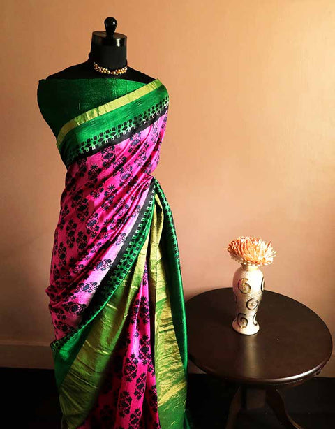 Pure Hand Block Printed Green and Pink Duppion Silk Sarees