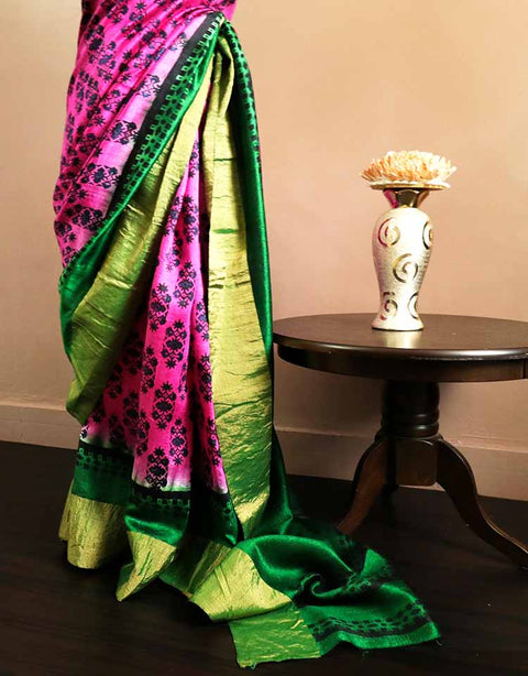Pure Hand Block Printed Green and Pink Duppion Silk Sarees