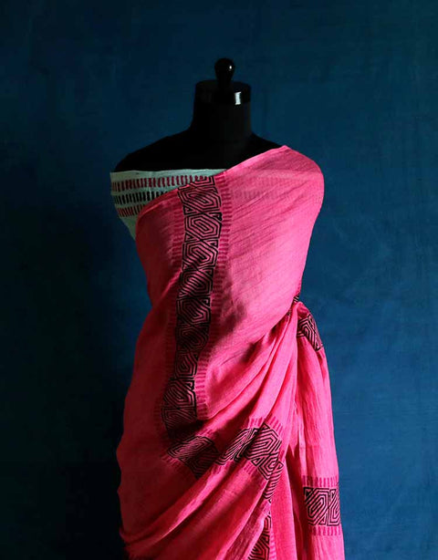 Hand Block Pigment Printed Pink Pure Linen Saree
