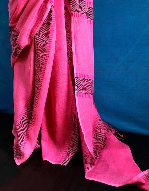 Hand Block Pigment Printed Pink Pure Linen Saree