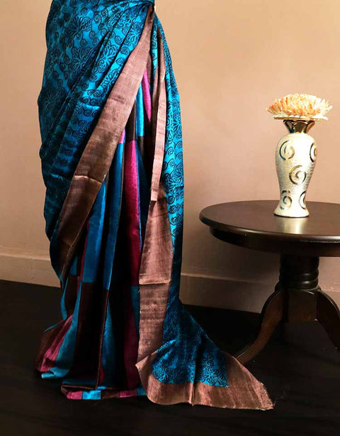 Pure Block Printed Desi Tussar Silk Saree