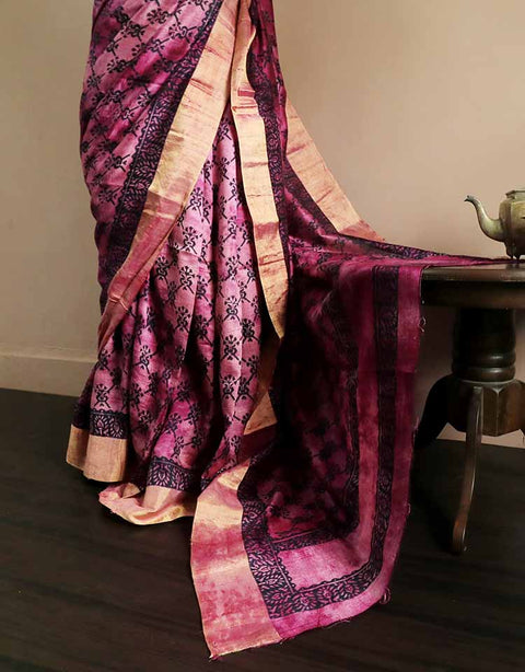 Pure Hand Block Printed Pink Duppion Silk Sarees