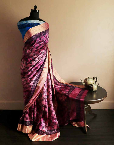 Pure Hand Block Printed Pink Duppion Silk Sarees