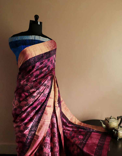 Pure Hand Block Printed Pink Duppion Silk Sarees
