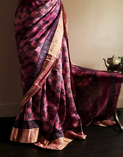 Pure Hand Block Printed Pink Duppion Silk Sarees