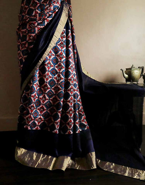 Pure Hand Block Printed Ravishing Pink Duppion Silk Saree