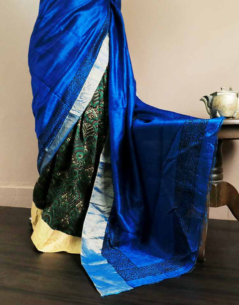 Pure Hand Block Printed Cobalt Blue Duppion Silk Saree