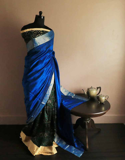 Pure Hand Block Printed Cobalt Blue Duppion Silk Saree