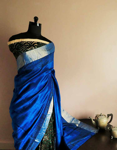 Pure Hand Block Printed Cobalt Blue Duppion Silk Saree