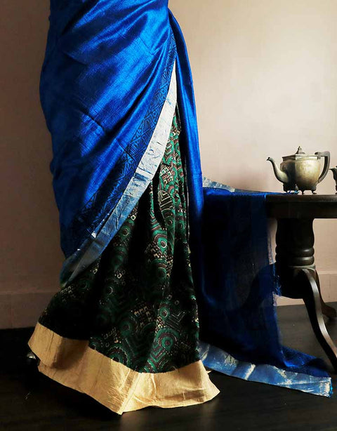 Pure Hand Block Printed Cobalt Blue Duppion Silk Saree