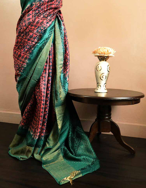Pure-Loomed Pink and Green Munga Silk Saree