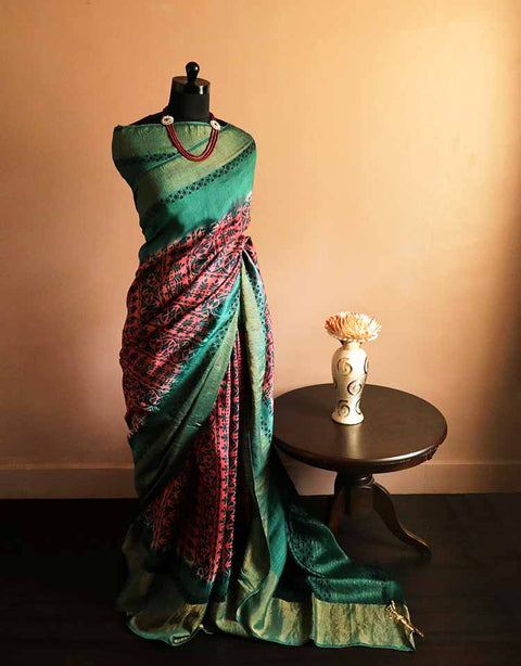 Pure-Loomed Pink and Green Munga Silk Saree