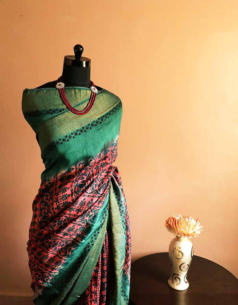 Pure-Loomed Pink and Green Munga Silk Saree