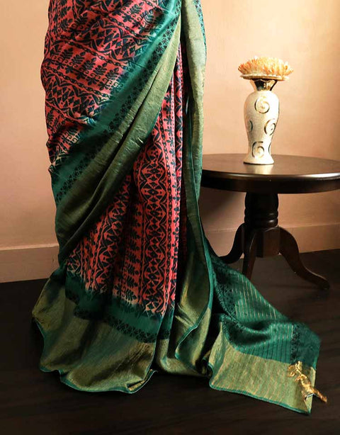 Pure-Loomed Pink and Green Munga Silk Saree