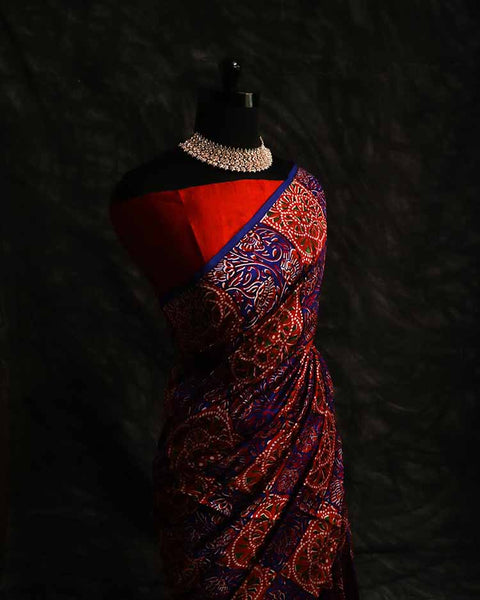 Pure Hand Block Printed drapes Raw Silk Saree