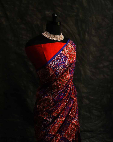 Pure Hand Block Printed drapes Raw Silk Saree
