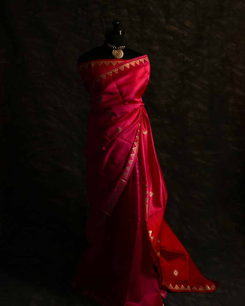 Pure Hand Block Printed double-shaded red Raw Silk Saree
