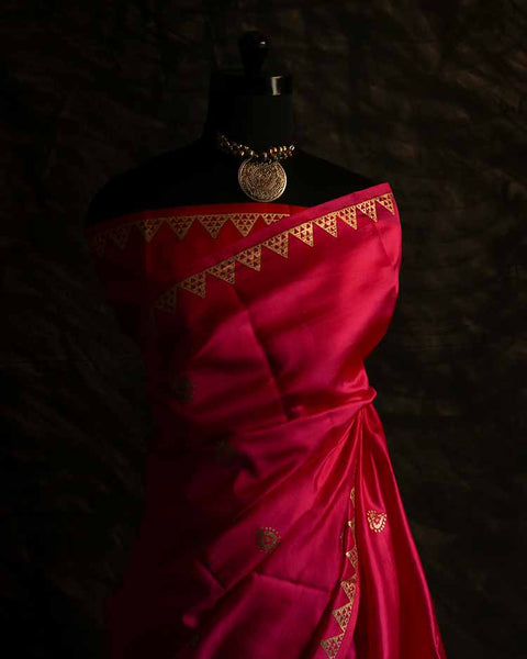 Pure Hand Block Printed double-shaded red Raw Silk Saree