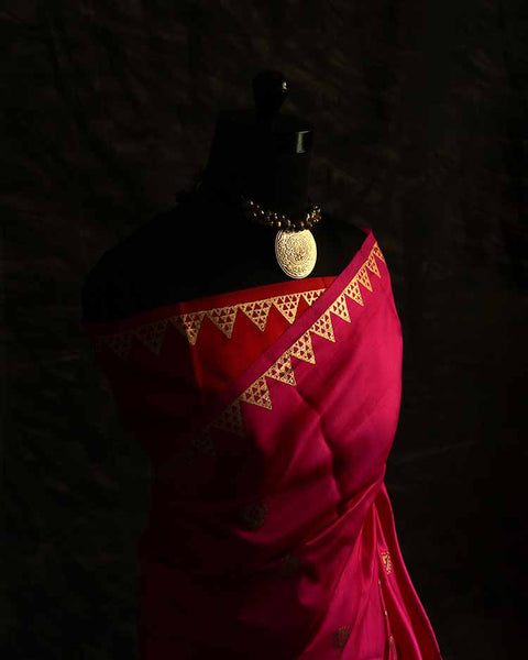 Pure Hand Block Printed double-shaded red Raw Silk Saree