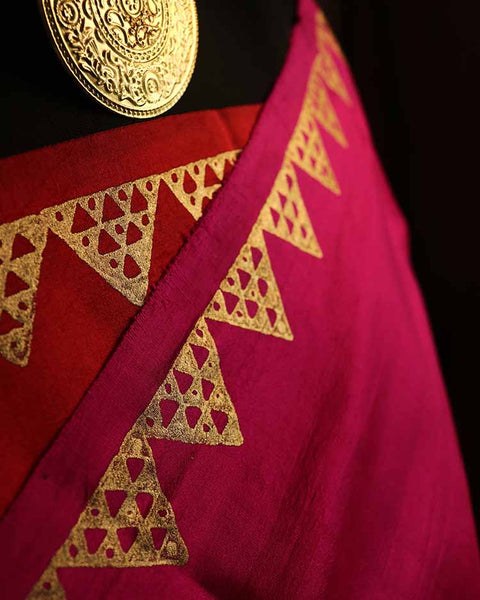 Pure Hand Block Printed double-shaded red Raw Silk Saree
