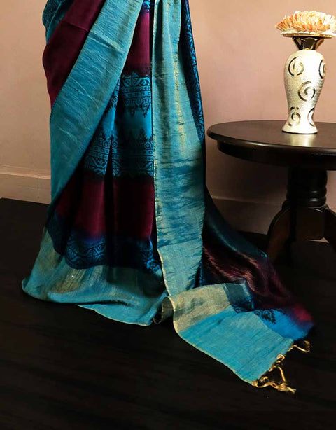 Pure-Loomed Red and Blue Munga Silk Saree