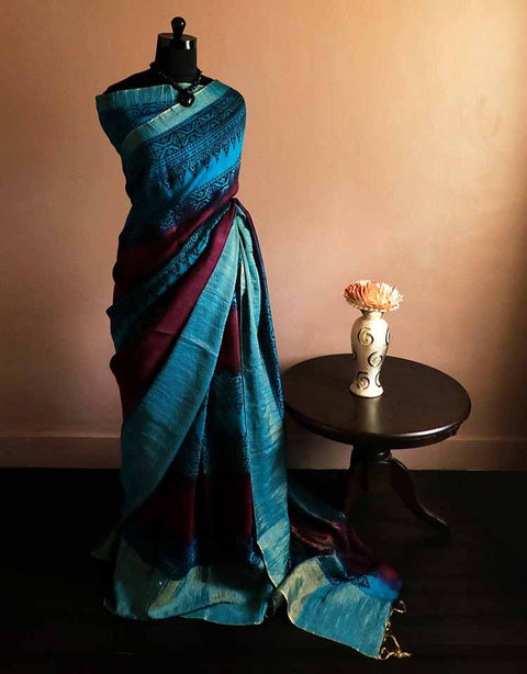 Pure-Loomed Red and Blue Munga Silk Saree