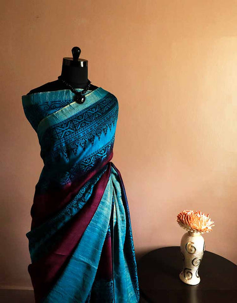 Pure-Loomed Red and Blue Munga Silk Saree