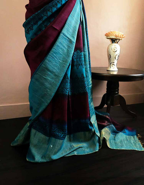Pure-Loomed Red and Blue Munga Silk Saree