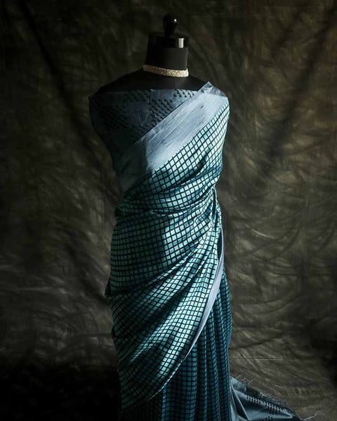 Pure Hand Block Printed black and silver Raw Silk Saree