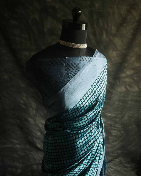 Pure Hand Block Printed black and silver Raw Silk Saree
