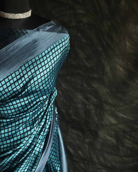 Pure Hand Block Printed black and silver Raw Silk Saree