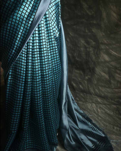 Pure Hand Block Printed black and silver Raw Silk Saree
