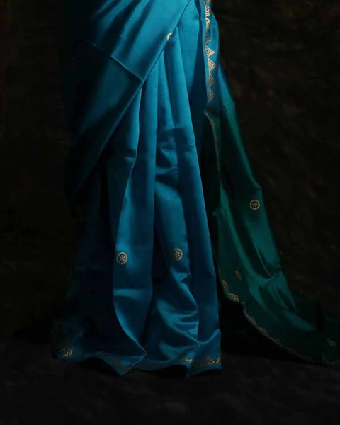 Pure Hand block Printed Blue and Green Raw Silk