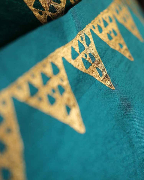 Pure Hand block Printed Blue and Green Raw Silk