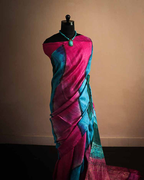Blue and Magentha color Line Tussar Silk Saree